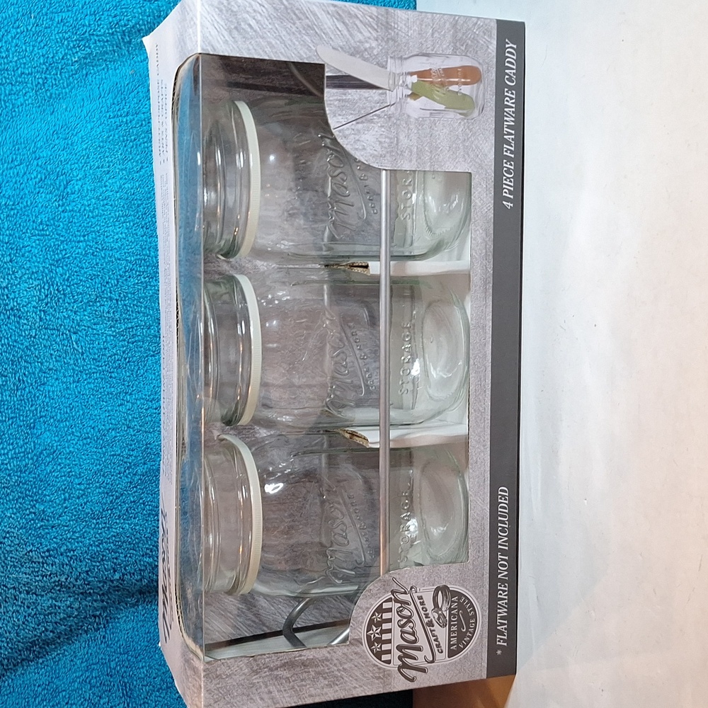 Farmhouse Mason Jar Caddy - 1 Caddy And 3 Jars, NEW